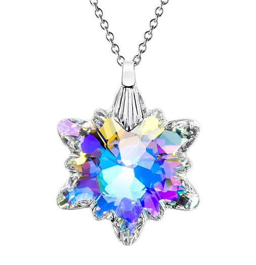 The Swarovski crystal snowflake on a chain. The crystal shines in various colors, from blue and purple to yellow.