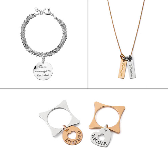 Foto dei vari gioielli della Mycharm sullo sfondo bianco, bracciale, collana e due anelli. Argento e oro rosa. Immagine per il catalogo.