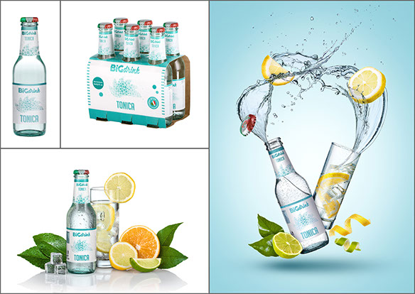 Una mosaico di 4 fotografie della stessa bibita, dalla semplice bottiglia su bianco fino al un scatto dinamico con gli schizzi d'acqua.